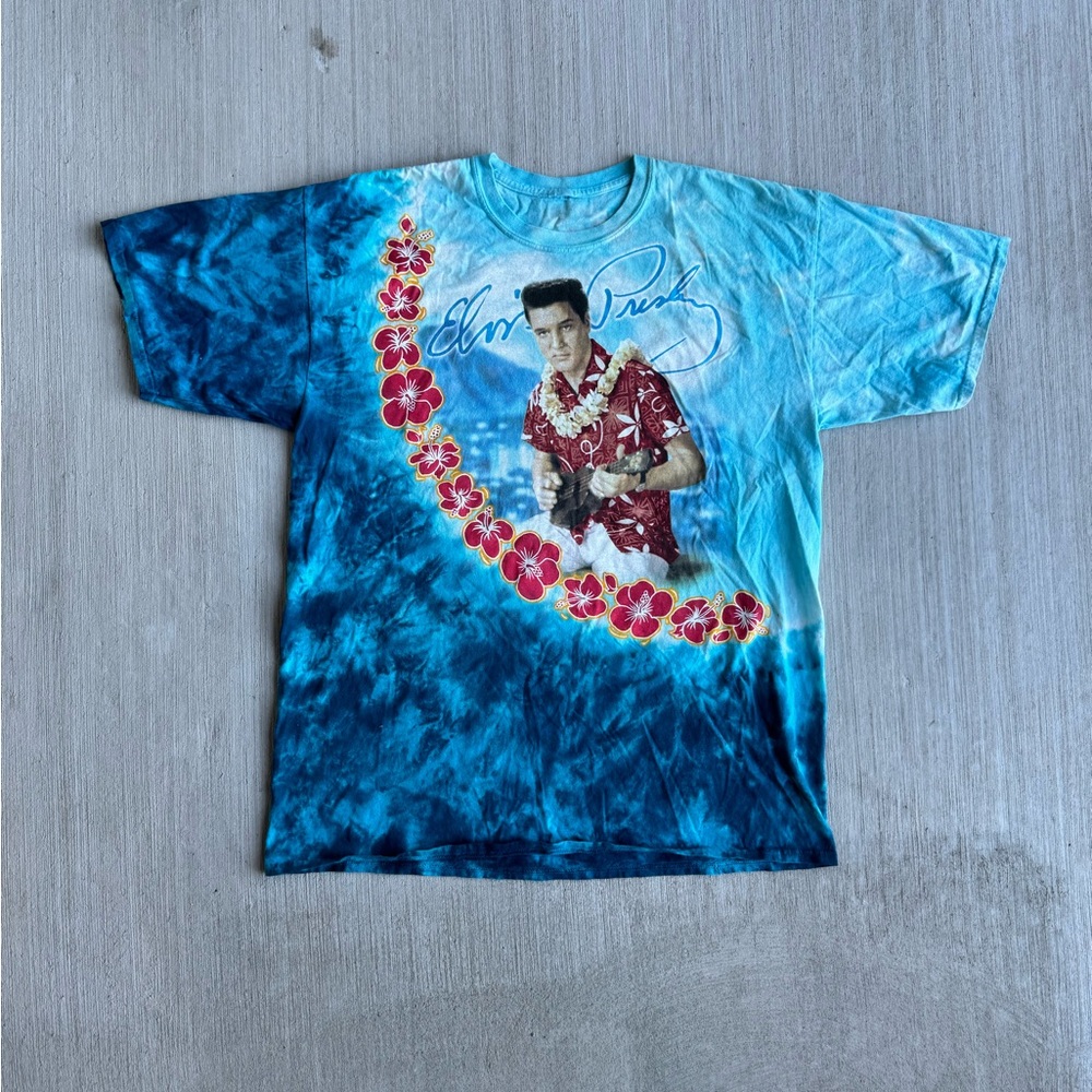 Vintage Liquid‎ Blue Elvis Presley Tie Dye Shirt Mens L/XL Blue Floral Flowers